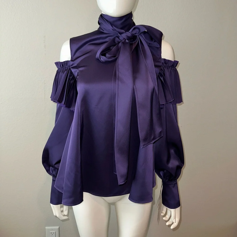 ADEAM Japan Intermix “Ashlee” purple cold shoulder pleated blouse top w ties XS - Picture 6 of 14